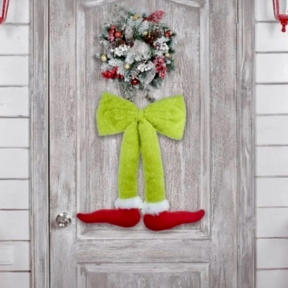 The Grinch Hanging Green Bow Grinch Legs Door Hangin NWT Dr. Suess furry soft